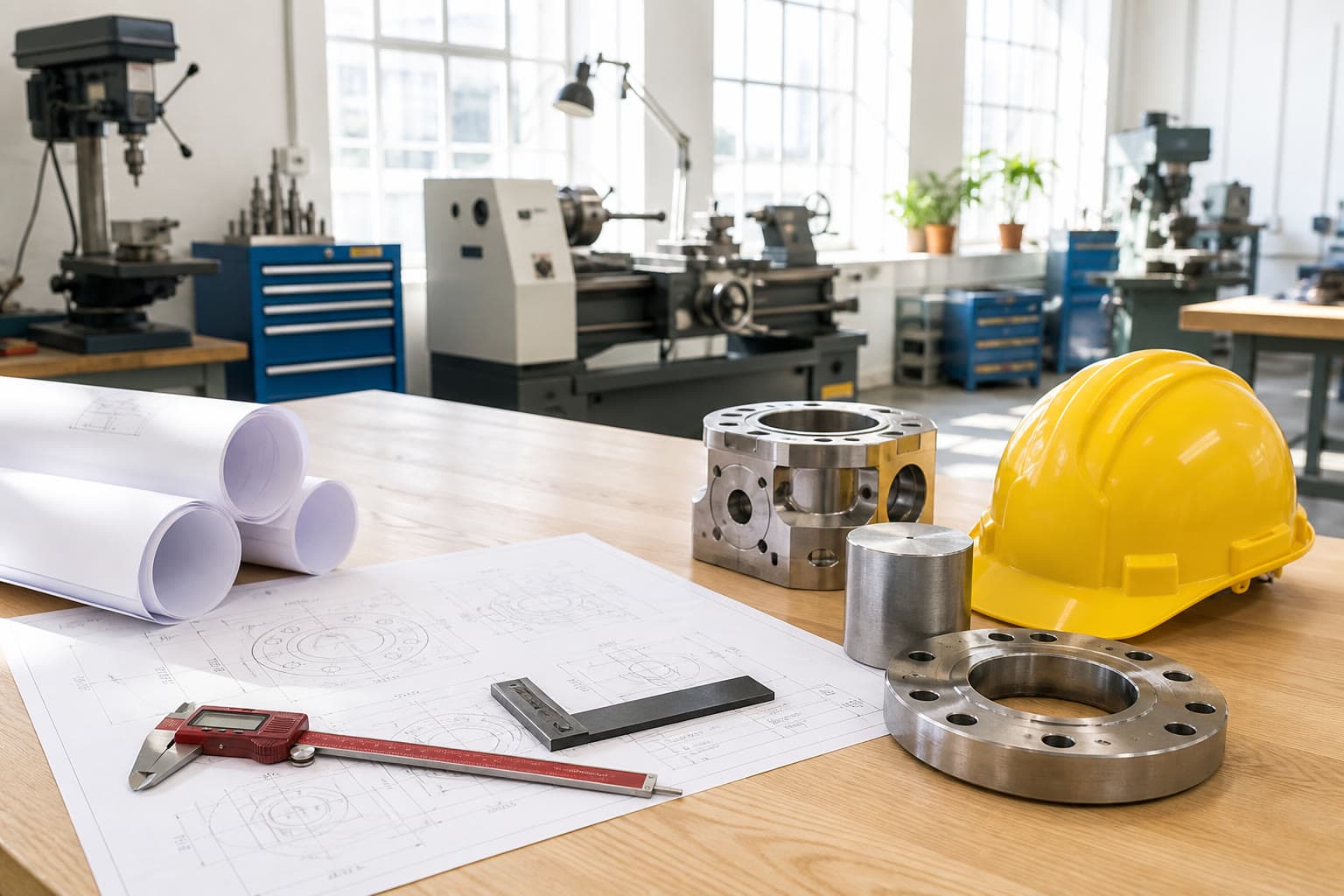 A bright workshop still life with a yellow hard hat, rolled technical drawings, a red digital caliper, and machined metal parts on a light wood workbench in a sunlit industrial space.